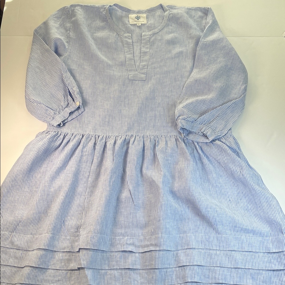 Pomegranate Blue and White Striped Linen Dress 3/4 Sleeves Sz L